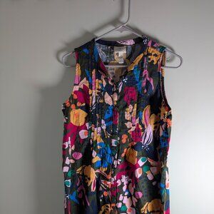 St Johns Bay Tropical Floral Colorful Linen Blend Sleeveless Shift Dress